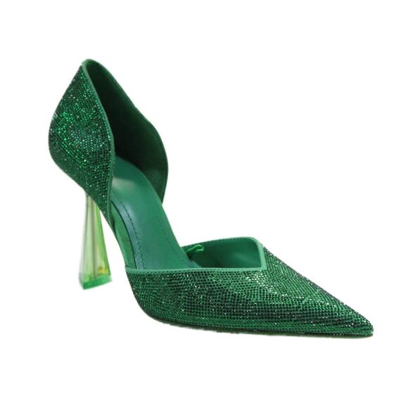 ZARA Crystal Rhinestone Heeled Shoes Lucite Triangle Heel Green Sz 36 NWT - Picture 1 of 5